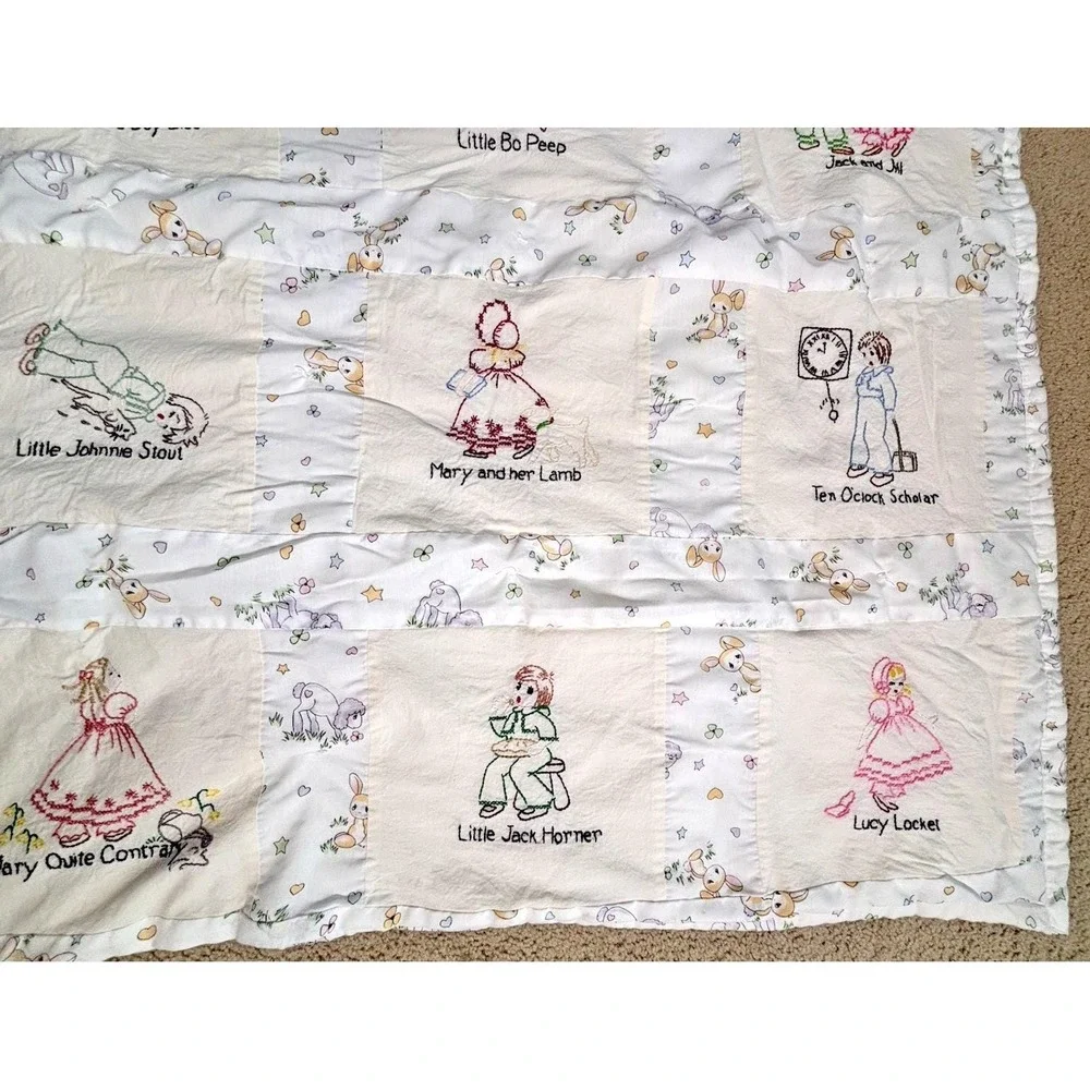 Adorable Vintage Crib Child Quilt NURSERY RHYMES 12 Hand Embroidered Squares
